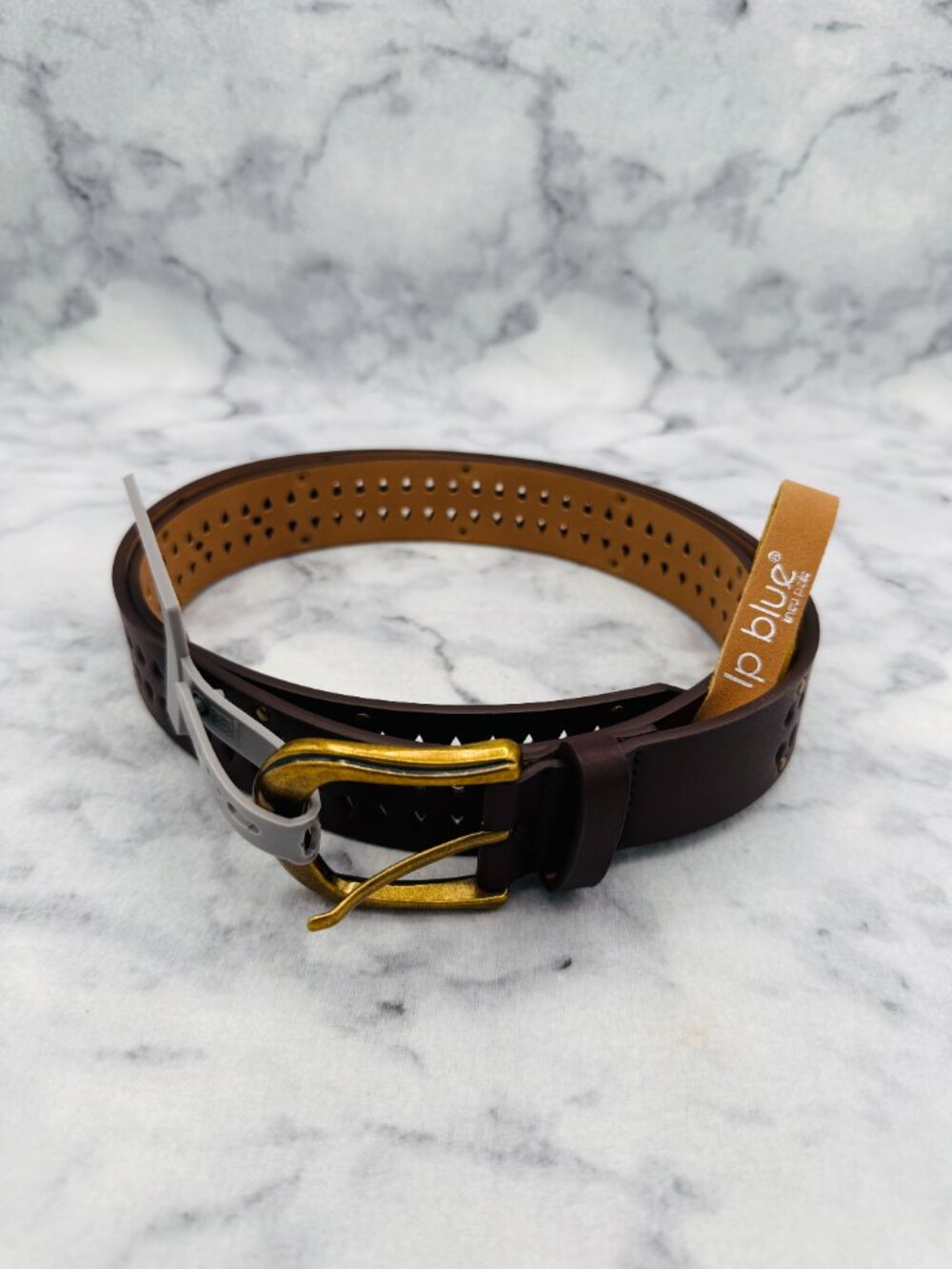 LP Blue Brown Leather Look Perforated Belt Gold Western 1.5in Width,Size XL,NEW